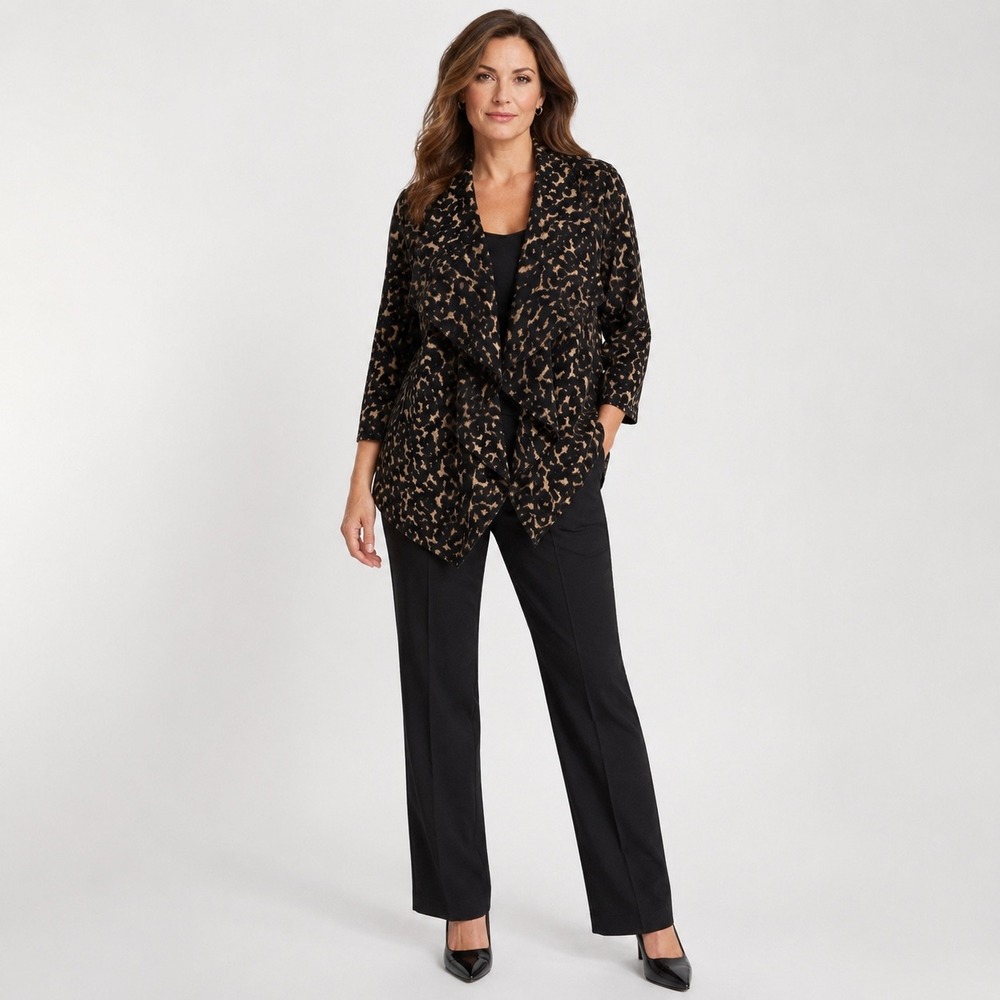 Calvin Klein Jacket 14 Black Tan Animal Print Draped Open Front 3/4 Sleeve